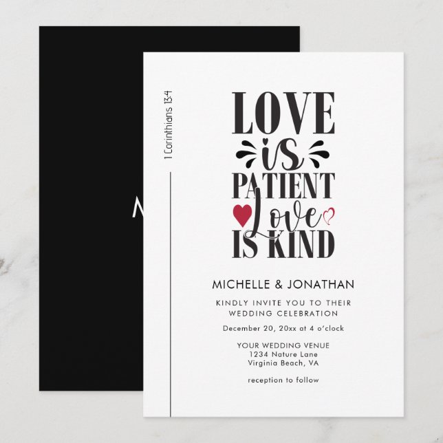 Modern Black White Christian Bible Verse Wedding Invitation (Front/Back)