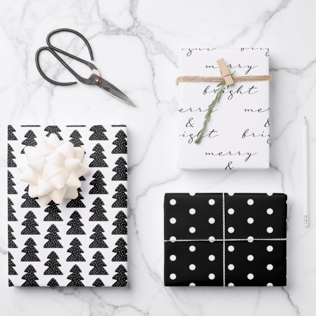 Modern Black & White Christmas Gift Wrapping Paper (Front)