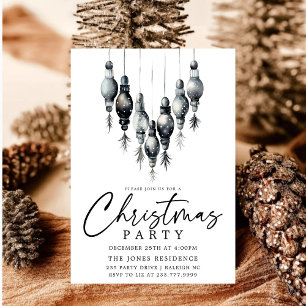 Modern Black & White Christmas Ornaments Party Invitation