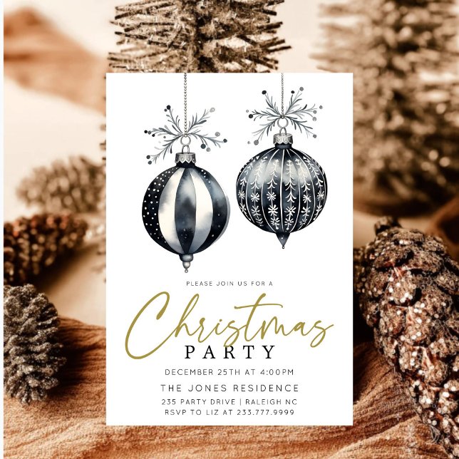 Modern Black & White Christmas Ornaments Party Invitation (Creator Uploaded)