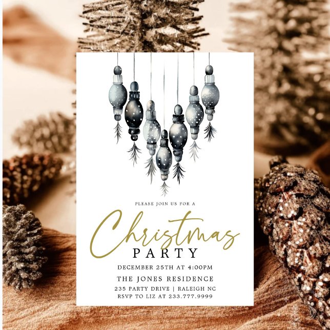 Modern Black & White Christmas Ornaments Party Invitation (Creator Uploaded)