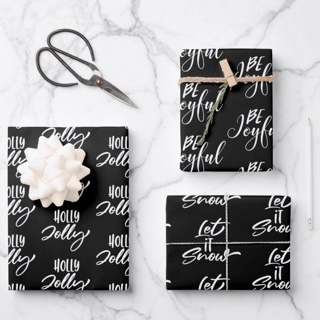 Modern Black & White Christmas Quotes Wrapping Paper Sheet (Front)