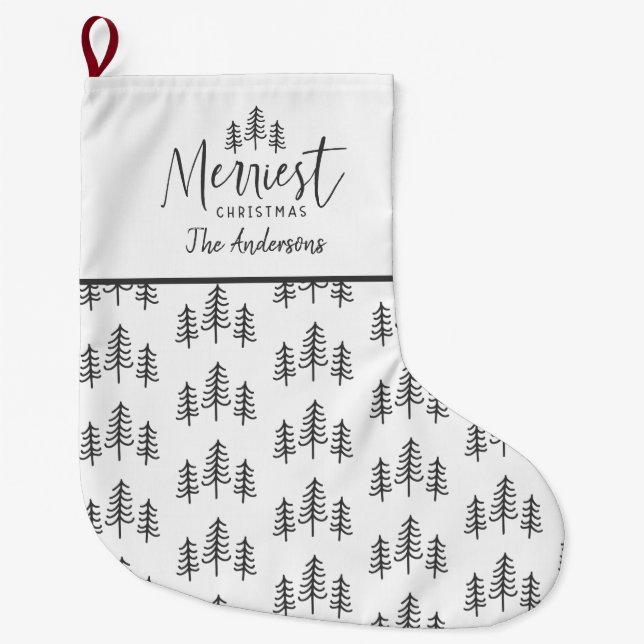 Modern black white Christmas rustic typography   Large Christmas Stocking (Front)