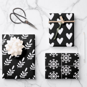 Modern Black & White Christmas Snowflake Heart  Wrapping Paper Sheet