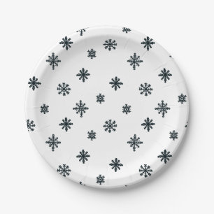 Modern Black & White Christmas Snowflakes Paper Plate