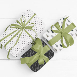 Modern Black White Christmas Tree Holiday Wrapping Paper Sheet