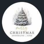 Modern Black & White Christmas Tree Party Classic Round Sticker<br><div class="desc">Modern Black and white Watercolor Christmas Tree Party Invitation</div>
