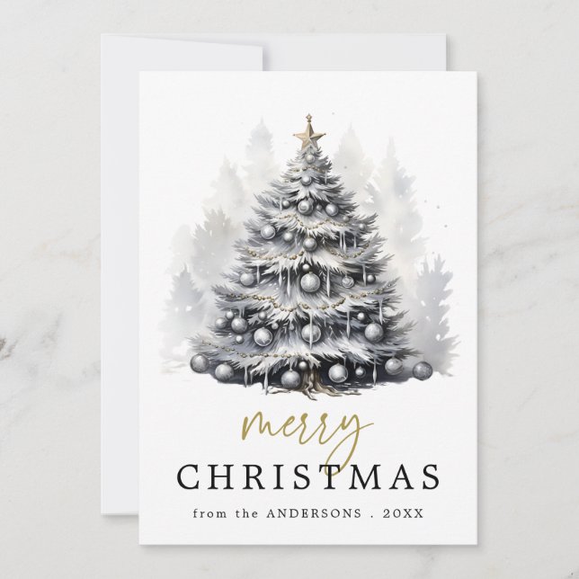 Modern Black & White Christmas Tree Party Holiday Card (Front)