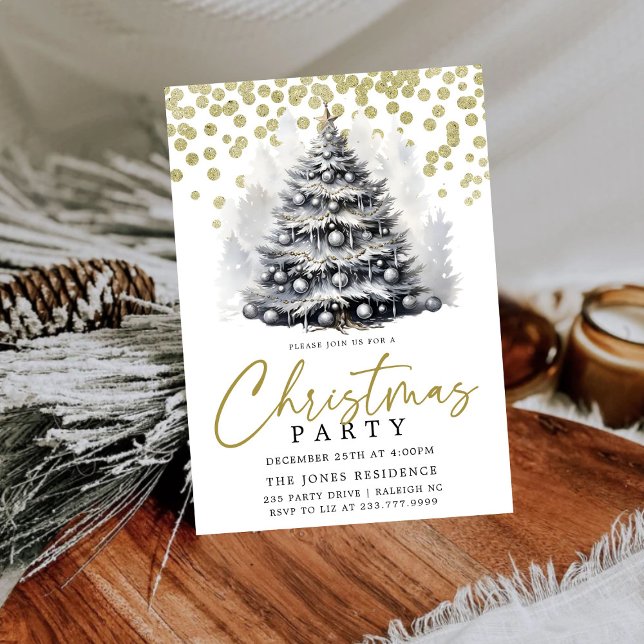 Modern Black & White Christmas Tree Party Invitation (Creator Uploaded)