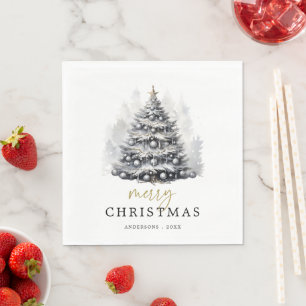 Modern Black & White Christmas Tree Party Napkin
