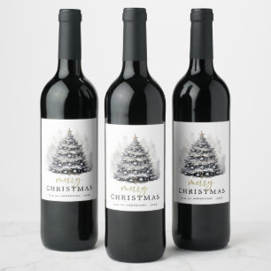 Modern Black & White Christmas Tree Party Wine Label