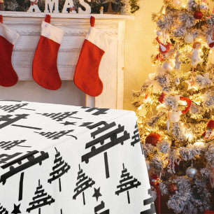 Modern Black White Christmas Tree Pattern Holiday Tablecloth