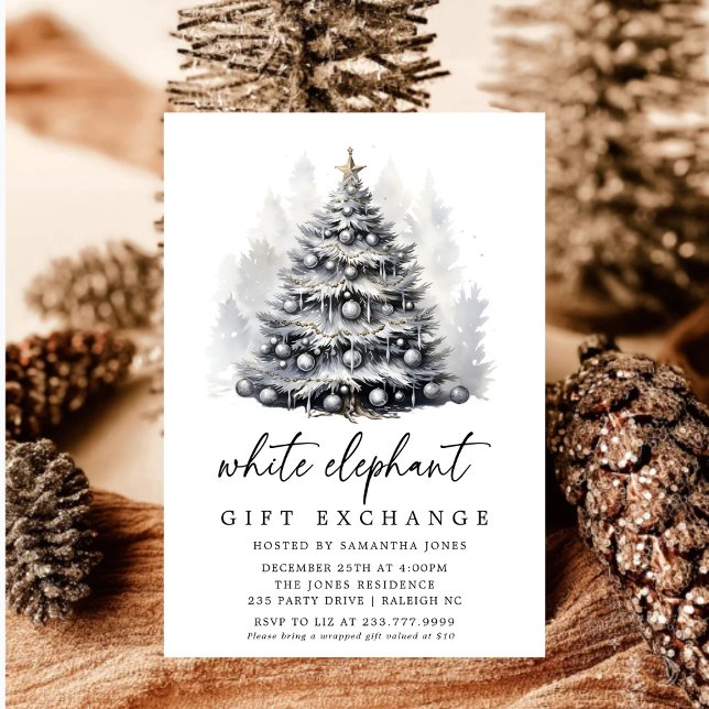 Modern Black  White Christmas Tree White Elephant Invitation (Creator Uploaded)