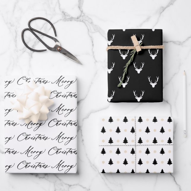Modern Black & White Christmas Trees & Reindeer Wrapping Paper Sheet (Front)