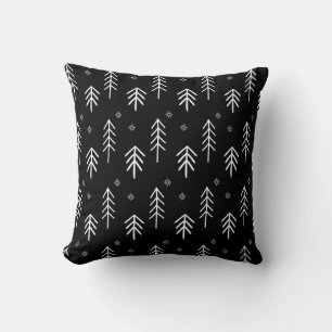 Modern Black & White Christmas Trees Snowflakes Cushion