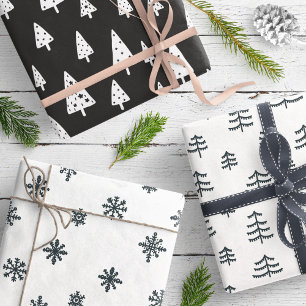 Modern Black & White Christmas Trees Snowflakes Wrapping Paper Sheet