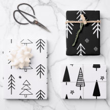 Modern Black & White Christmas Trees Stars 