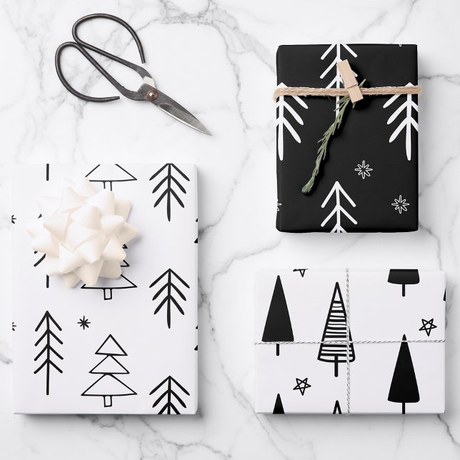 Modern Black & White Christmas Trees Stars  Wrapping Paper Sheet (Creator Uploaded)