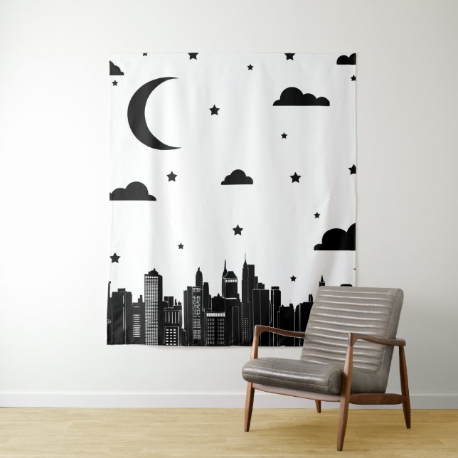 Modern Black & White Cityscape Night Sky Tapestry (In Situ)