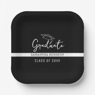 Modern Black & White Class of 2025 Grad Cap Paper Plate