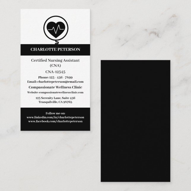 Modern Black & White CNA Nurse  Business Card (Front/Back)