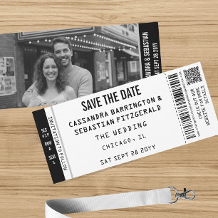 Modern Black White Concert Ticket Photo QR Wedding Save The Date