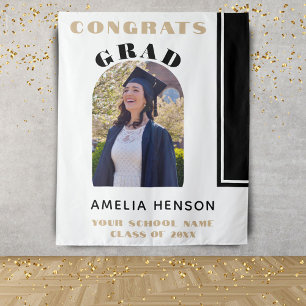 Modern Black White Congrats Grad Photo Backdrop Tapestry
