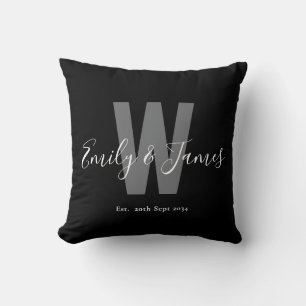 Modern Black White Couple Date Monogram Cushion