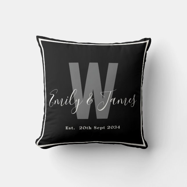 Modern Black White Couple Monogram Border Date Cushion (Front)