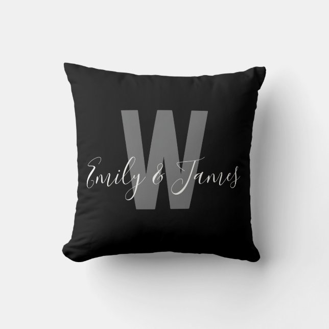 Modern Black White Couple Monogram Cushion (Front)
