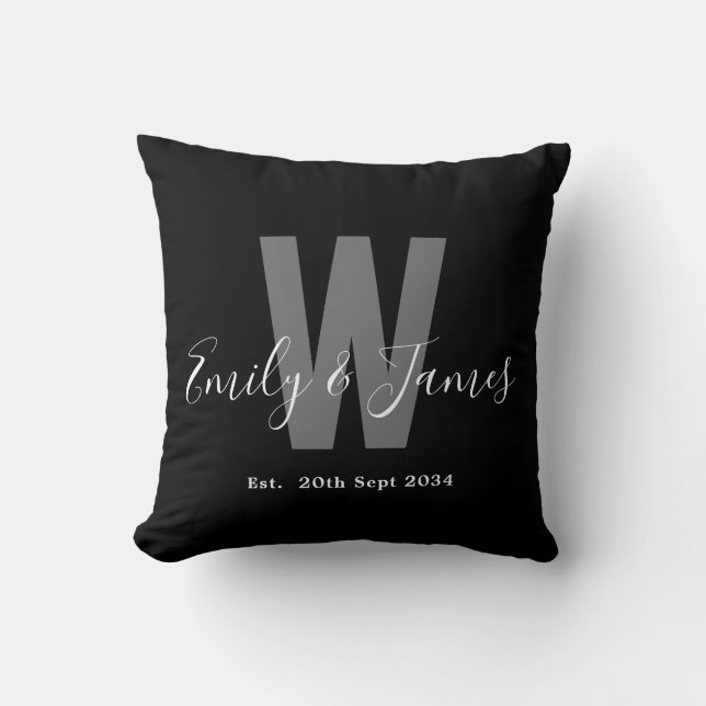 Modern Black White Couple Monogram Date Cushion (Front)