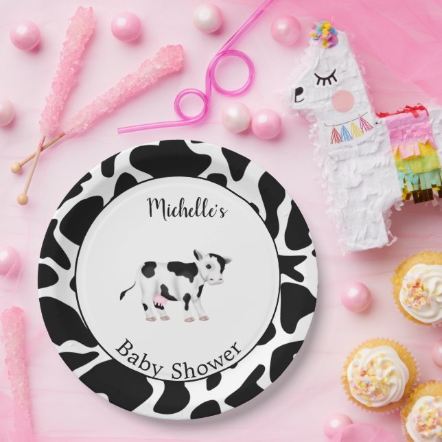 Modern Black White Cow Print Baby Shower  Paper Plate (Party)