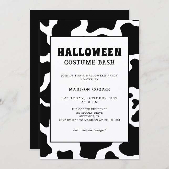 Modern Black & White Cow Print Costume Halloween  Invitation (Front/Back)