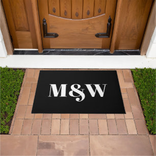 Modern black white custom couple monogram initials doormat