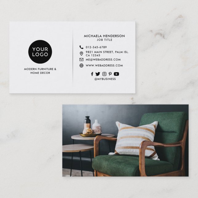 Modern Black & White Custom Logo, Photo & Socials Business Card (Front/Back)