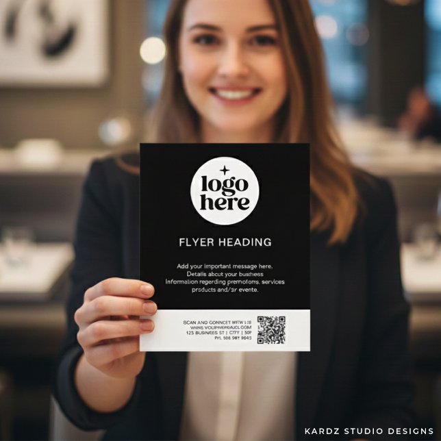 Modern Black & White Custom Logo QR Code Business Flyer (Add your flyer details and choose size.)