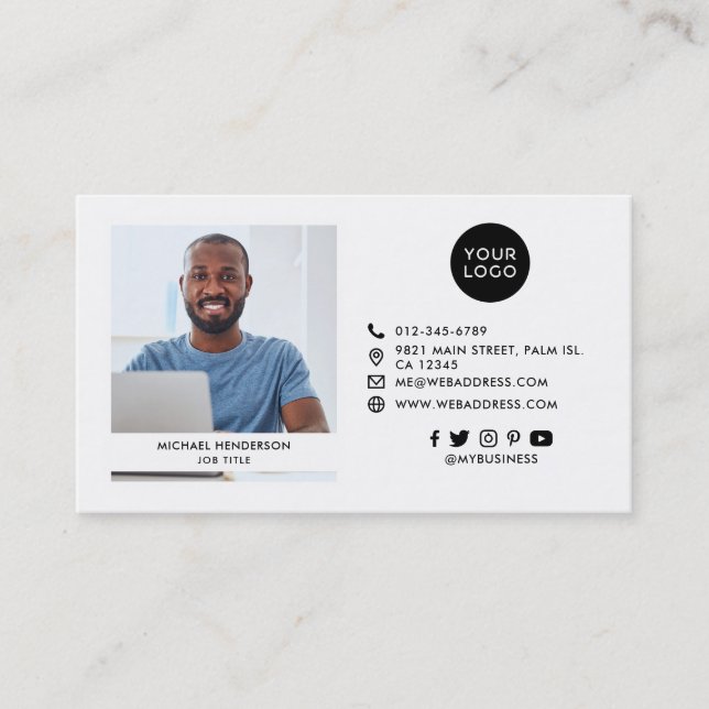 Modern Black & White Custom Logo, Socials & Photo  Business Card (Front)