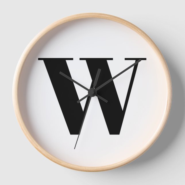 Modern black white custom monogram initial letter clock (Front)