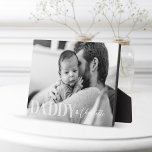 Modern Black White Custom Photo Daddy & Baby Name Plaque<br><div class="desc">Beautiful modern and minimal custom black and white photo keepsake for dads and new dads. Design feature a full photo in black and white colour with "DADDY &" displayed over the photo in a light white opacity overlay and personalised with your son or daughter's name. Make a great gift for...</div>