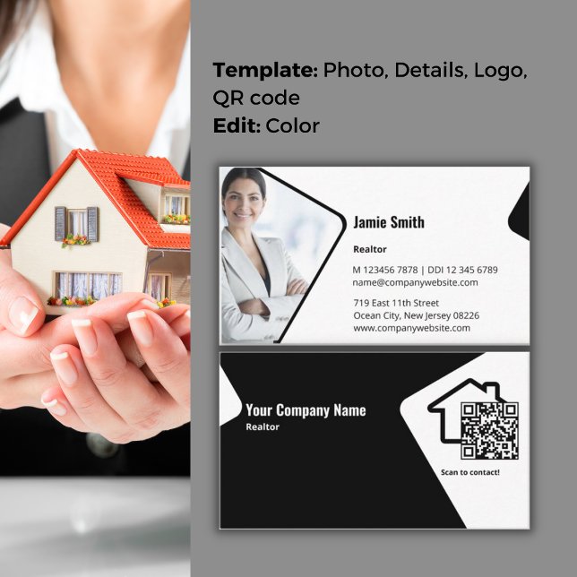 Modern Black & White Customisable Realtor QR Code Business Card (Creator Uploaded)
