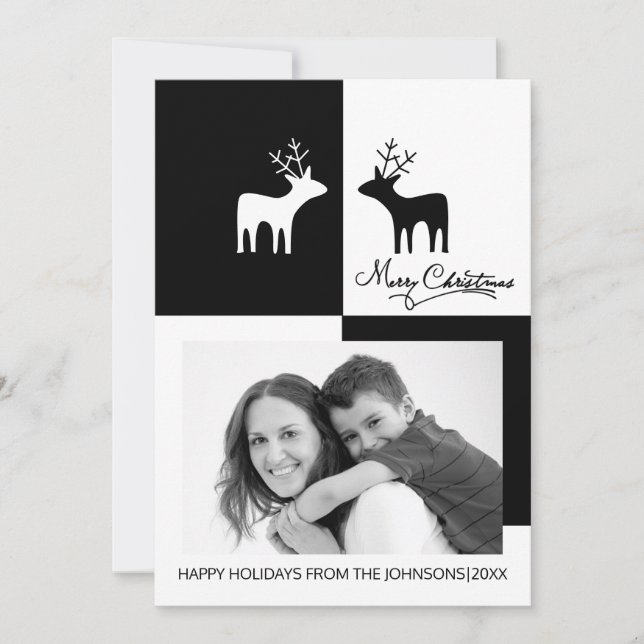 Modern black white deer Merry Christmas photo Holiday Card (Front)