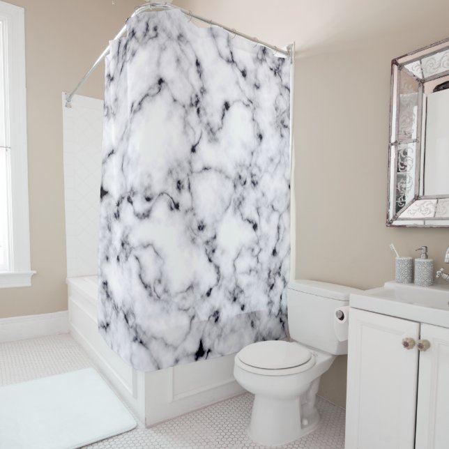 Modern Black White Designer Marble Pattern Shower Curtain (In Situ)