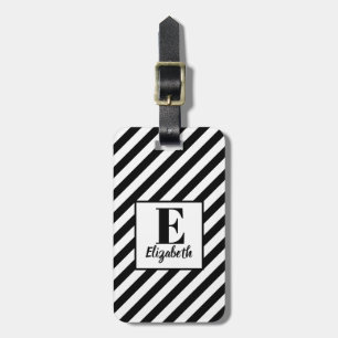 Modern Black & White Diagonal Stripes & Name Luggage Tag