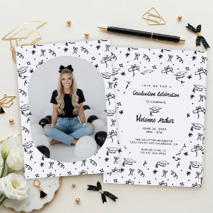 Modern Black & White Doodle Graduation Photo Invitation