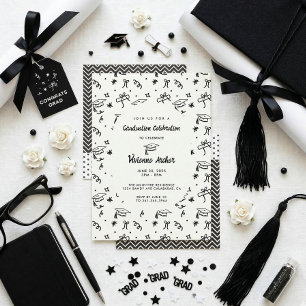 Modern Black & White Doodle Party Graduation Invitation