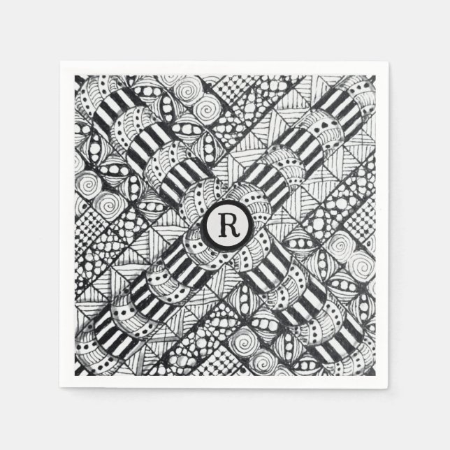 Modern Black & White Doodled Pinwheel & Monogram Napkin (Front)