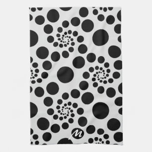 Modern Black & White Dot Swirls Monogram Tea Towel