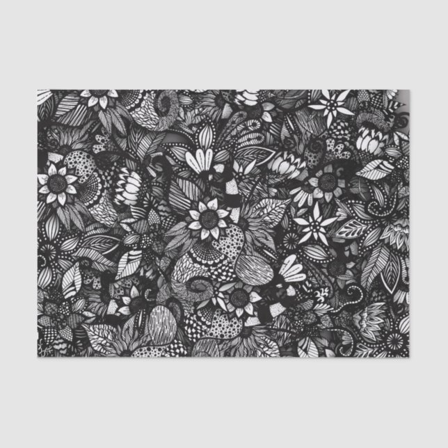 Modern Black & White Drawn Floral Collage Tissue Paper (Front)