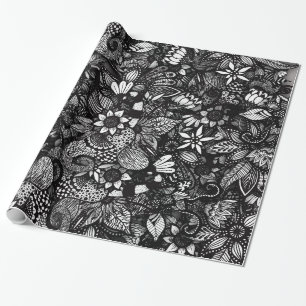 Modern Black & White Drawn Floral Collage Wrapping Paper