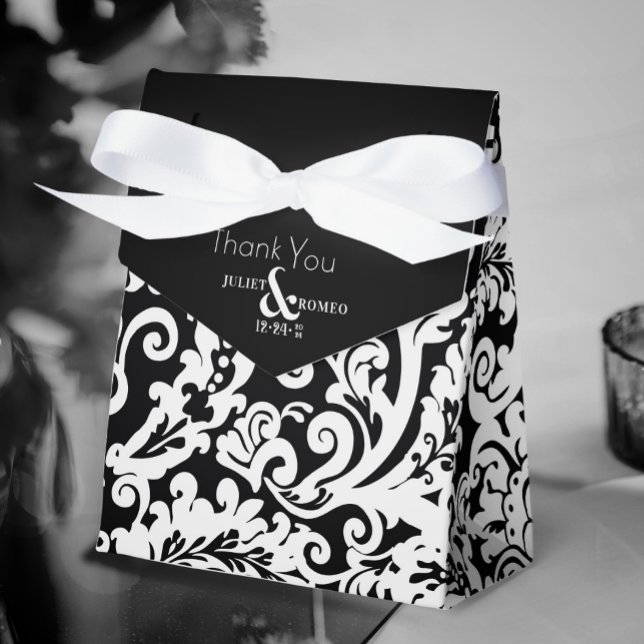 Modern Black  White Elegant Floral Damask Wedding Favour Box (elegant black and white floral damask wedding gift bag)
